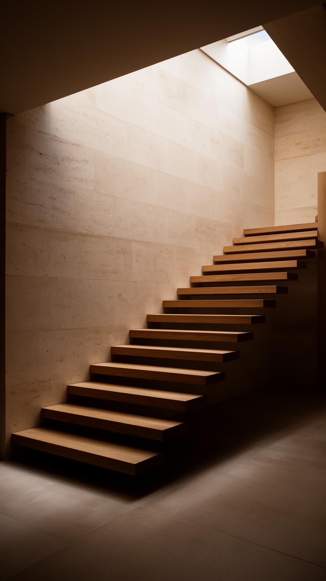 Cantilevered oak staircase against limestone wall