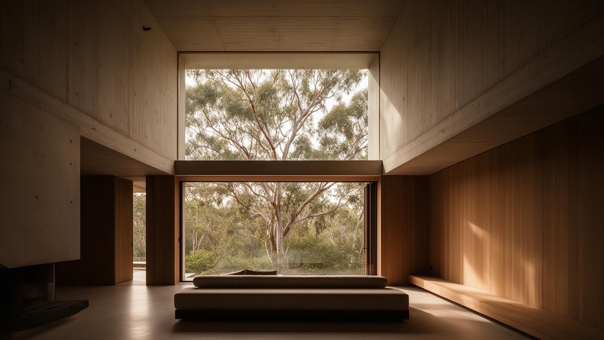 Double-height living space framing eucalyptus trees through architectural glazing